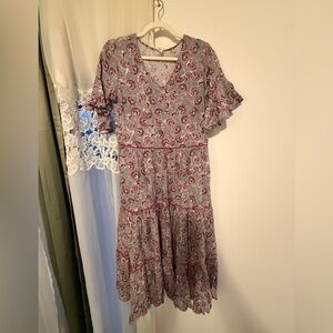 Floral Tiered Ruffled Hem Flutter Sleeves Boho Festival Midi/Maxi Dress Size L